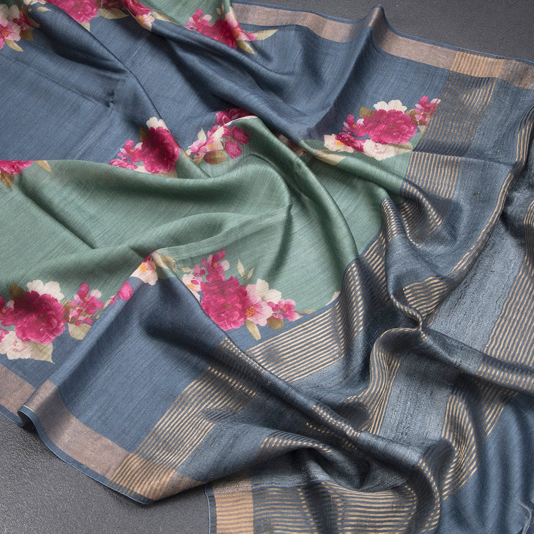 Tussar Green Printed Saree With Zari Border - Kumaran Silks