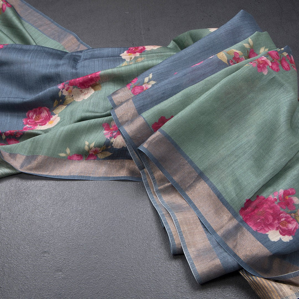 Tussar Green Printed Saree With Zari Border