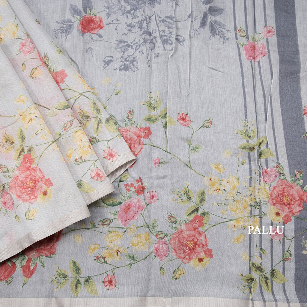 Semi Linen Grey Floral Printed Saree 05