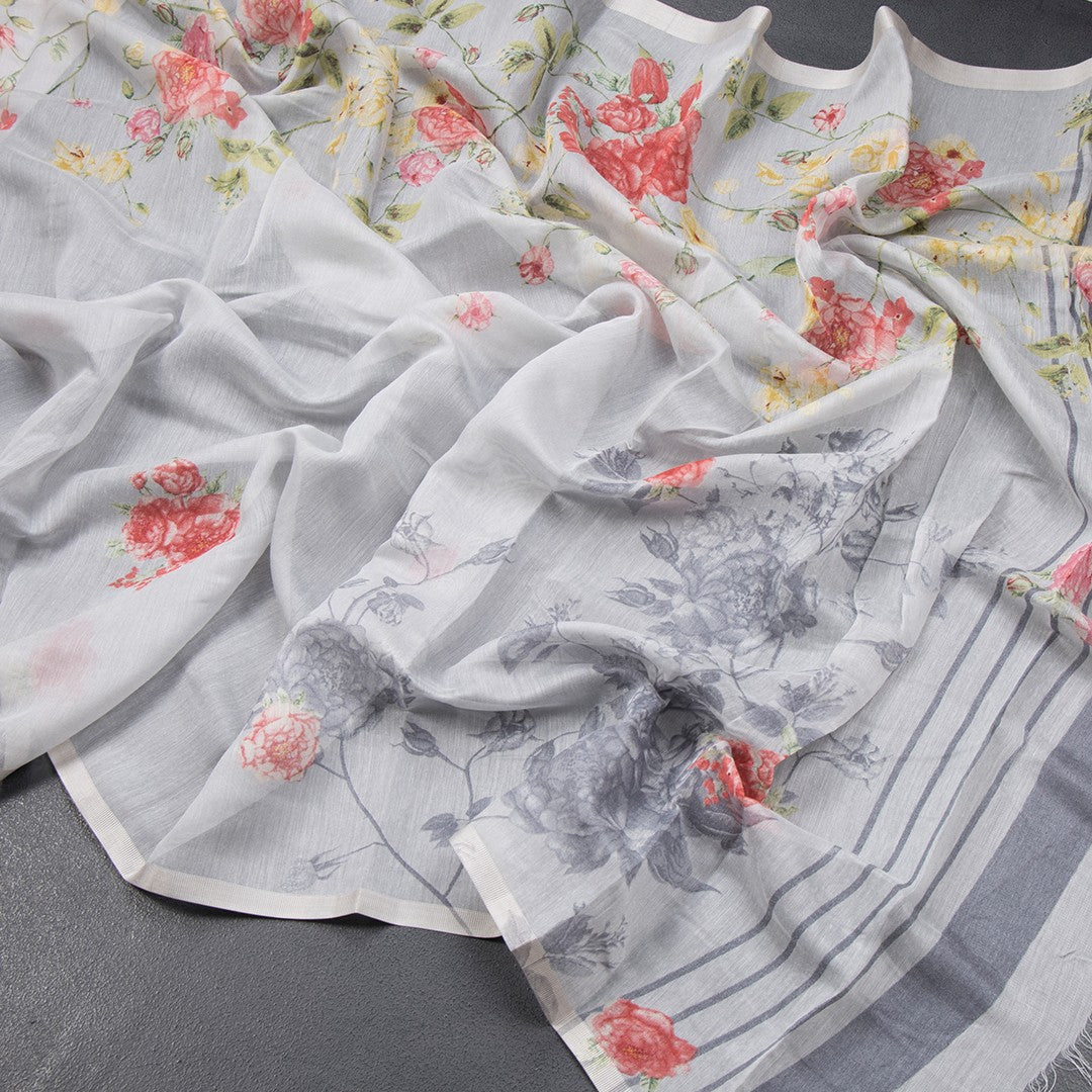 Semi Linen Grey Floral Printed Saree 05