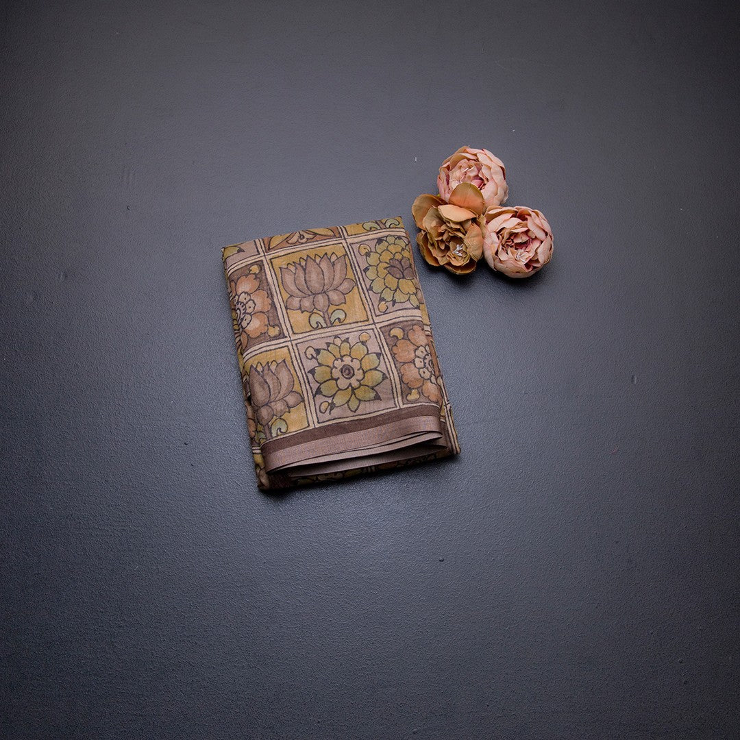 Semi Linen Brown Floral Printed Saree 03