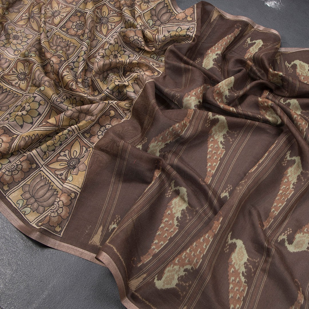 Semi Linen Brown Floral Printed Saree 03