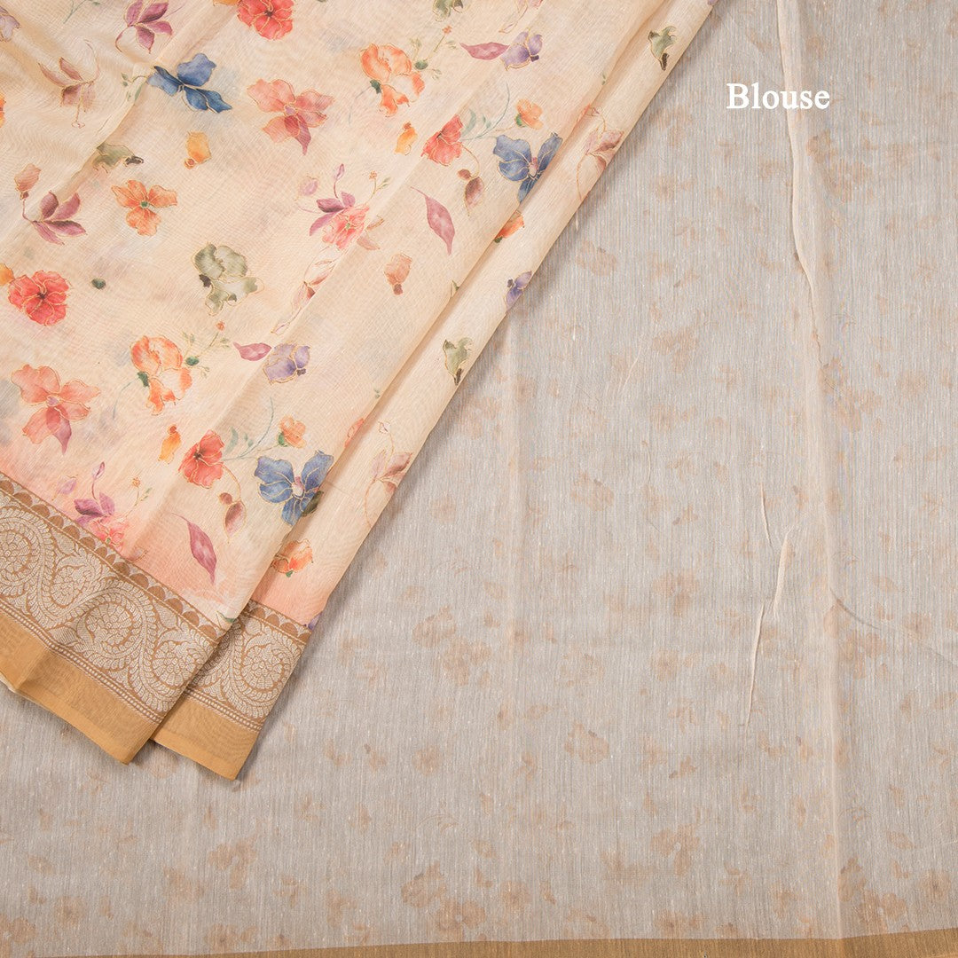 Semi Linen Cream Floral Printed Saree 05