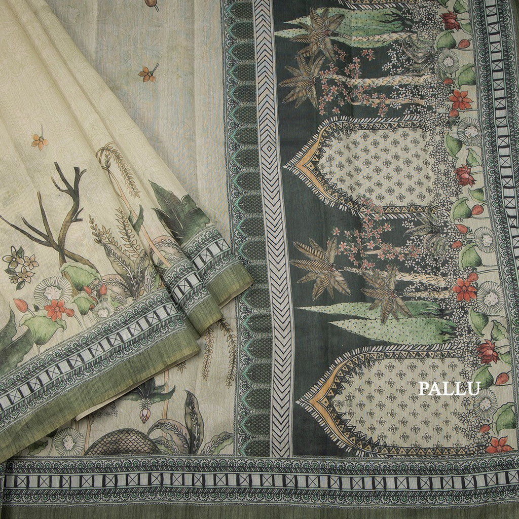 Semi Linen Pista Green Printed Saree