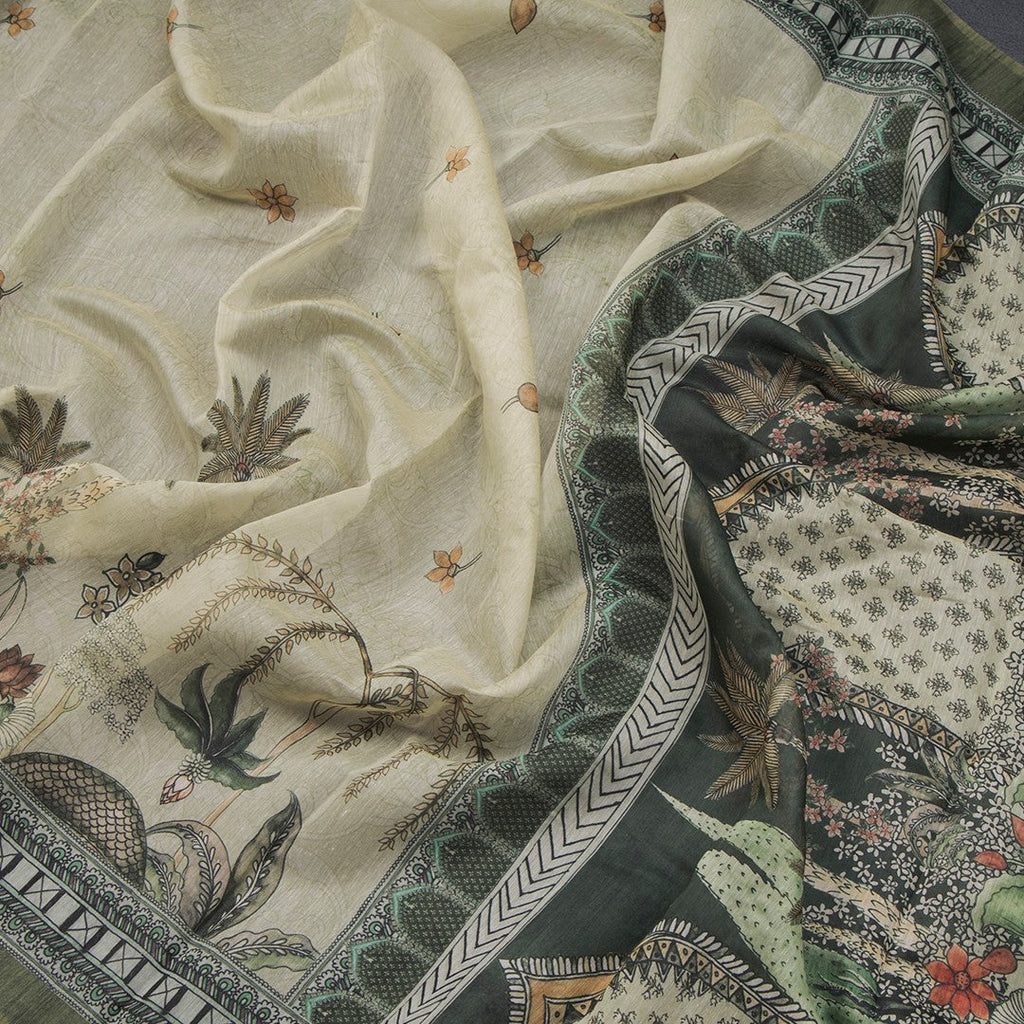 Semi Linen Pista Green Printed Saree
