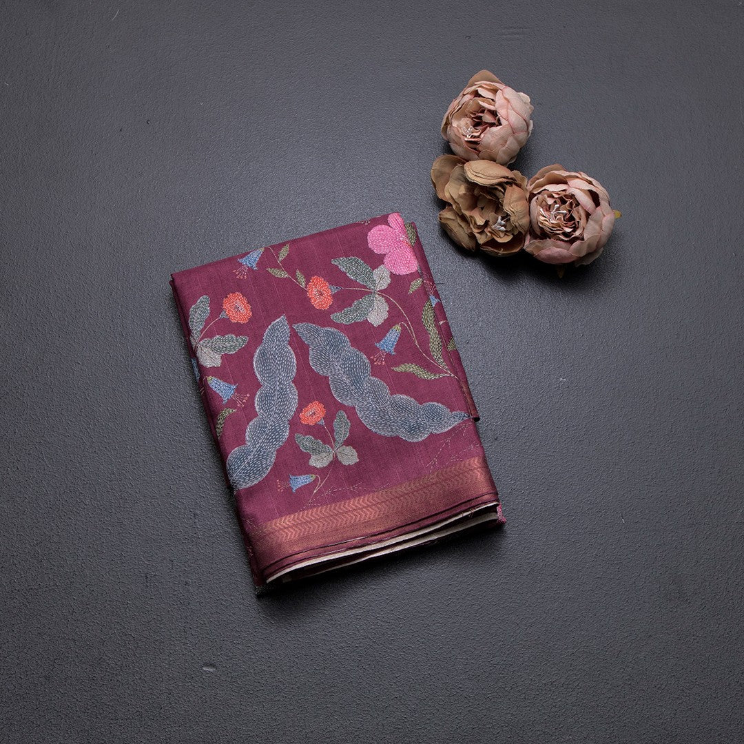 Tussar Dark Pink Floral Printed Saree 02