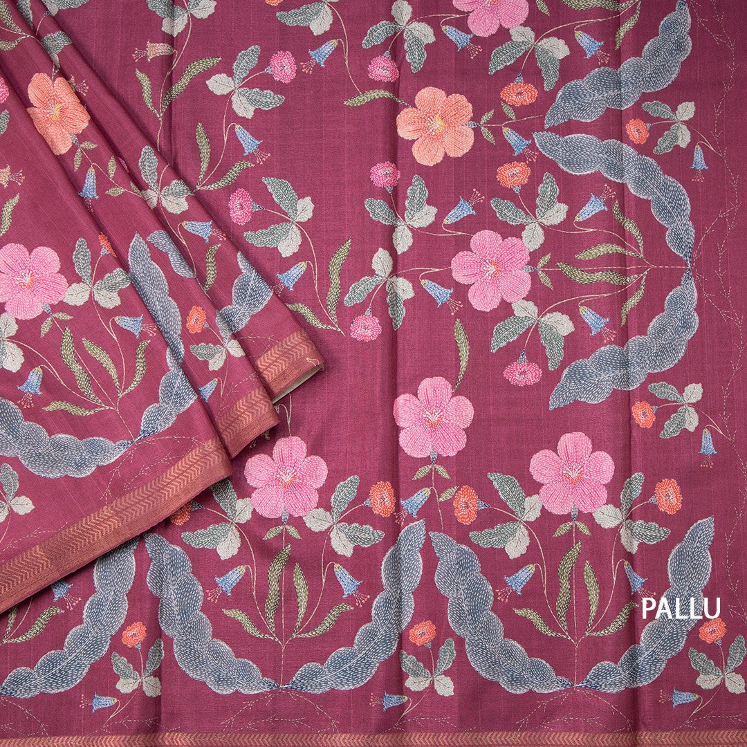 Tussar Dark Pink Floral Printed Saree 02