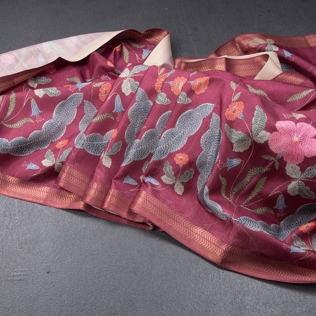 Tussar Dark Pink Floral Printed Saree 02