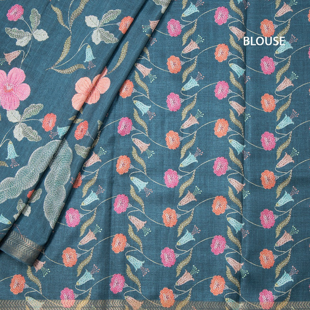Tussar Teal Blue Floral Printed Saree