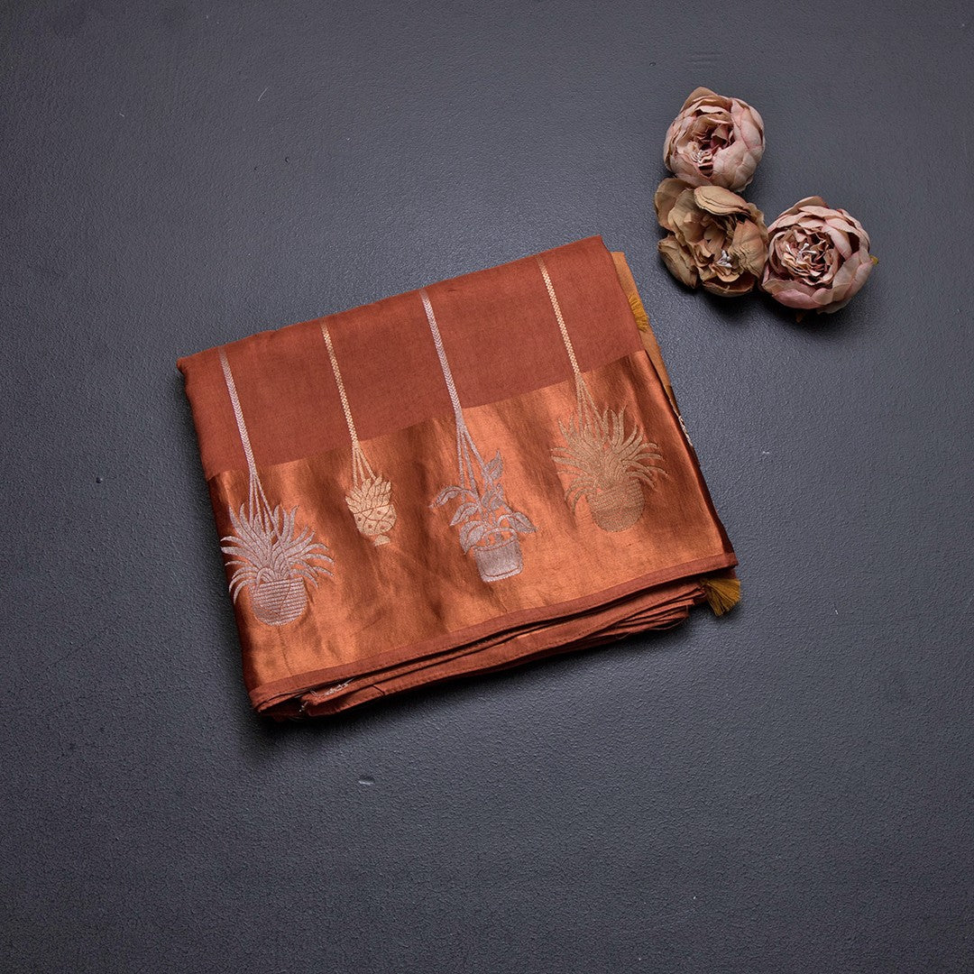 Raw Silk Rust Orange Zari Worked Saree