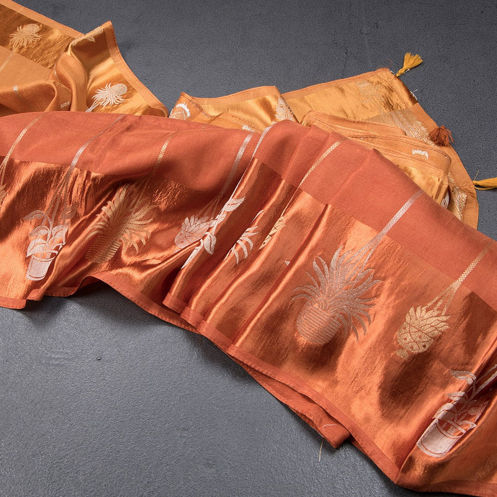 Raw Silk Rust Orange Zari Worked Saree
