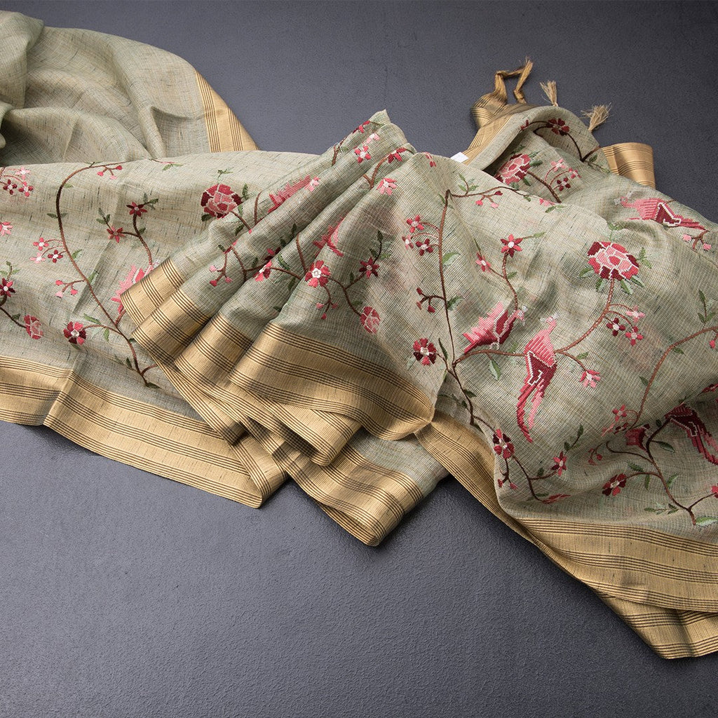 Semi Linen Green Floral Thread Work Saree 02