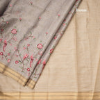 Semi Linen Grey Floral Thread Work Saree 02