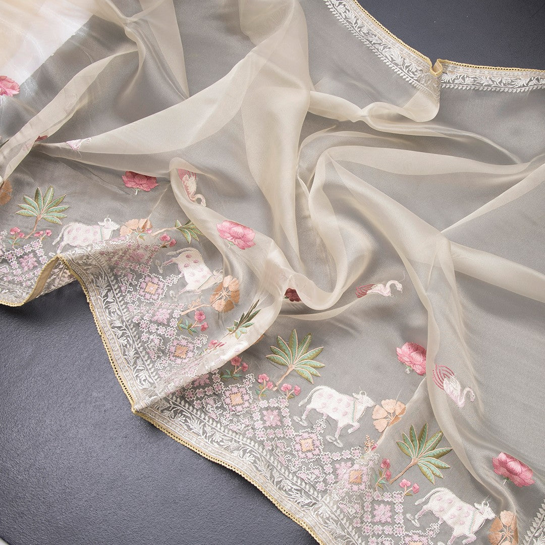 Organza Cream Traditional Thread Work Saree