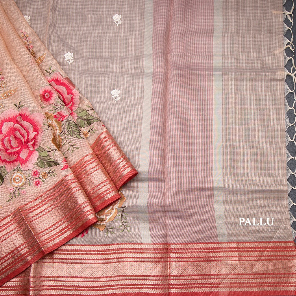 Kota Peach Stylish Thread Work Saree With Zari Border