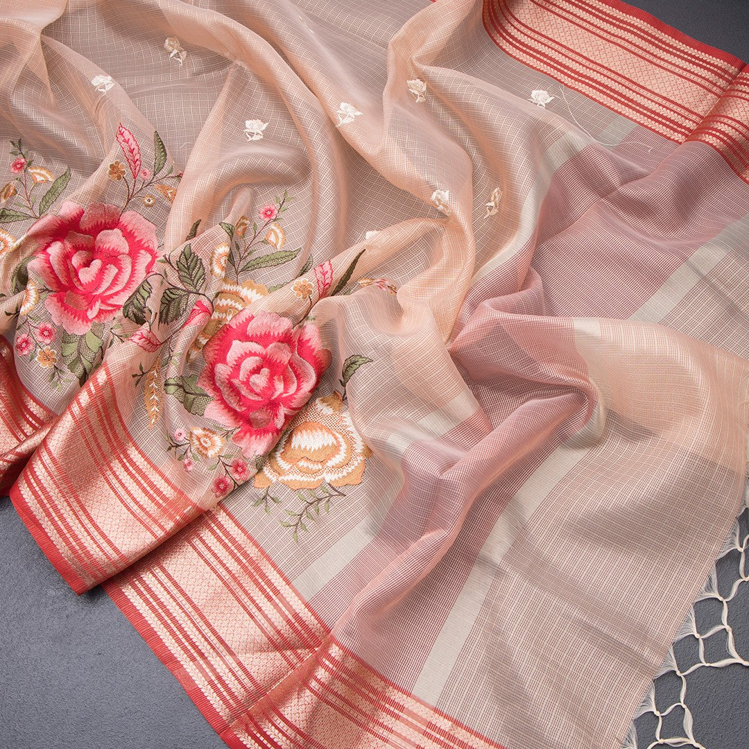 Kota Peach Stylish Thread Work Saree With Zari Border