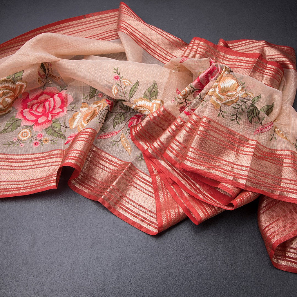 Kota Peach Stylish Thread Work Saree With Zari Border