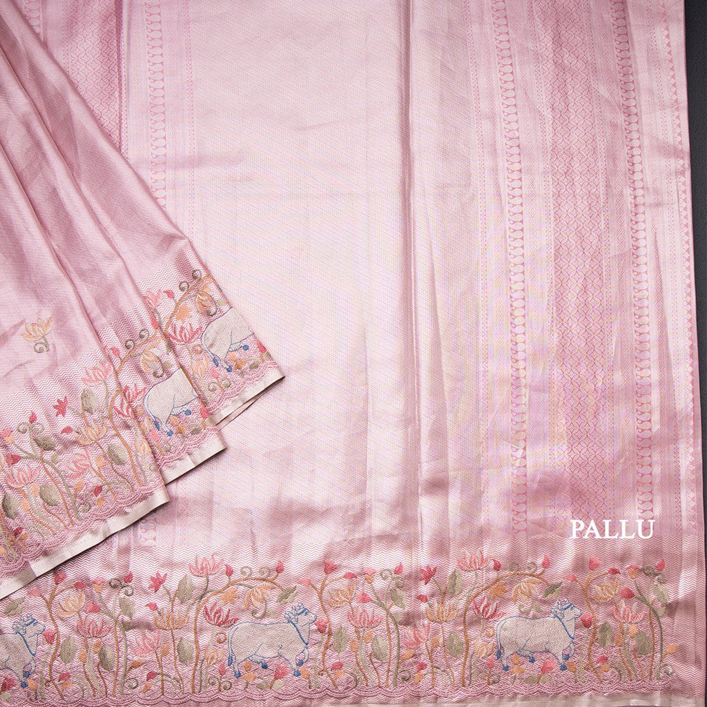 Fancy Silk Rose Pink Traditional Thread Work Saree