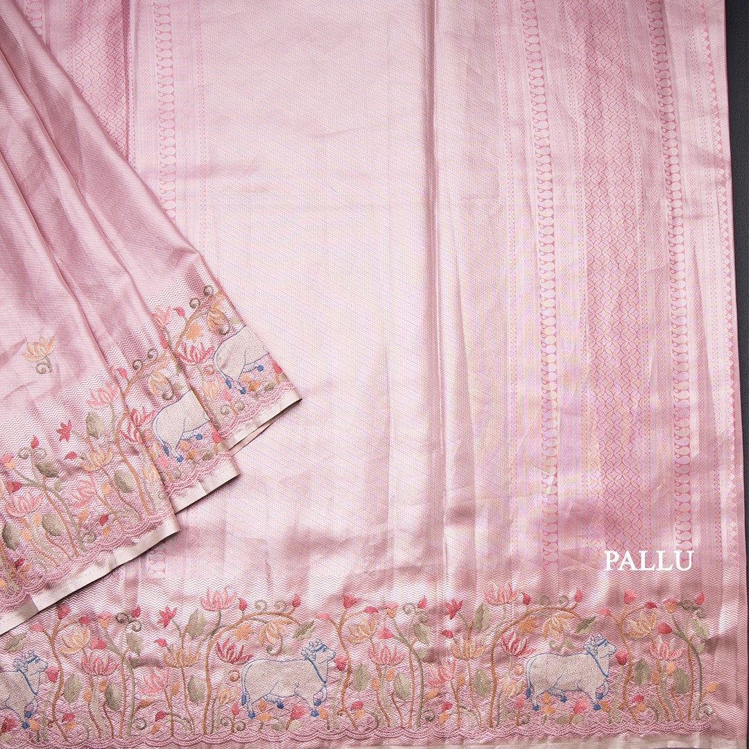 Fancy Silk Rose Pink Traditional Thread Work Saree