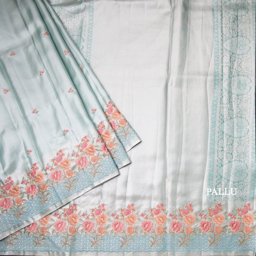 Fancy Silk Turquoise Stylish Thread Work Saree