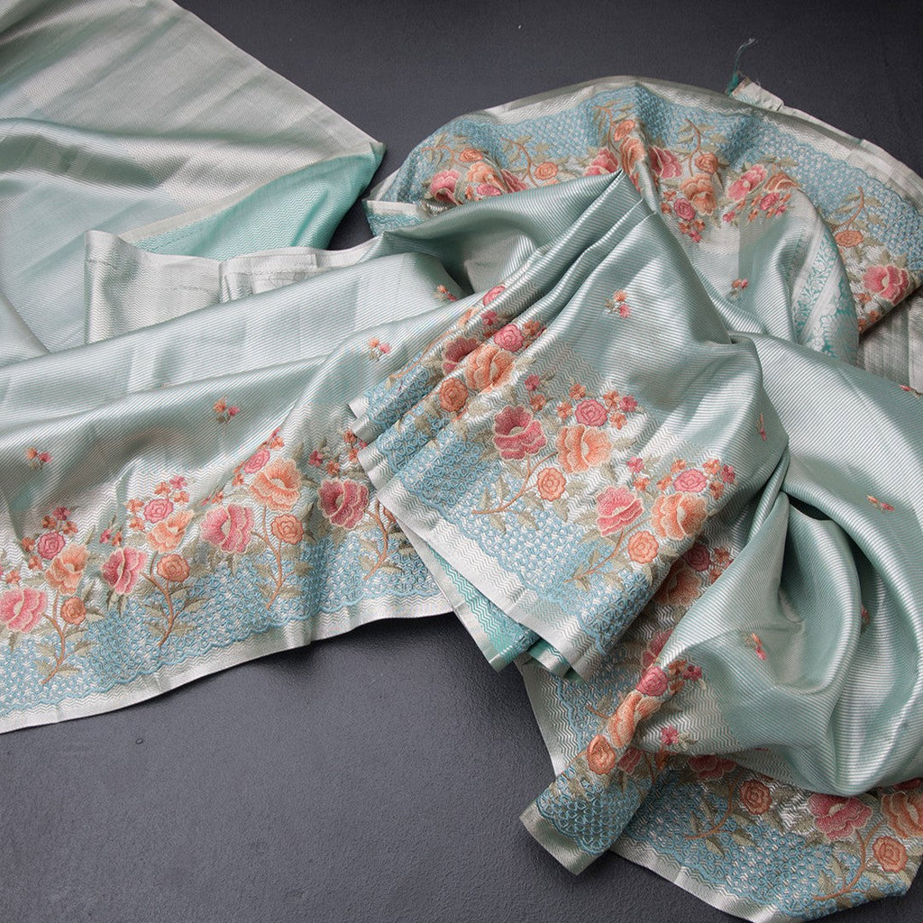 Fancy Silk Turquoise Stylish Thread Work Saree