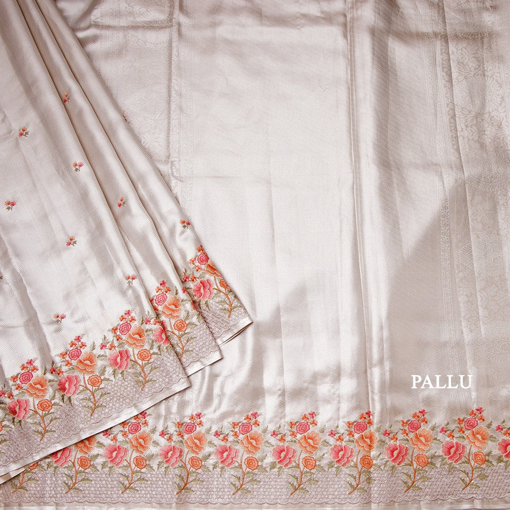 Fancy Silk Cream Stylish Thread Work Saree