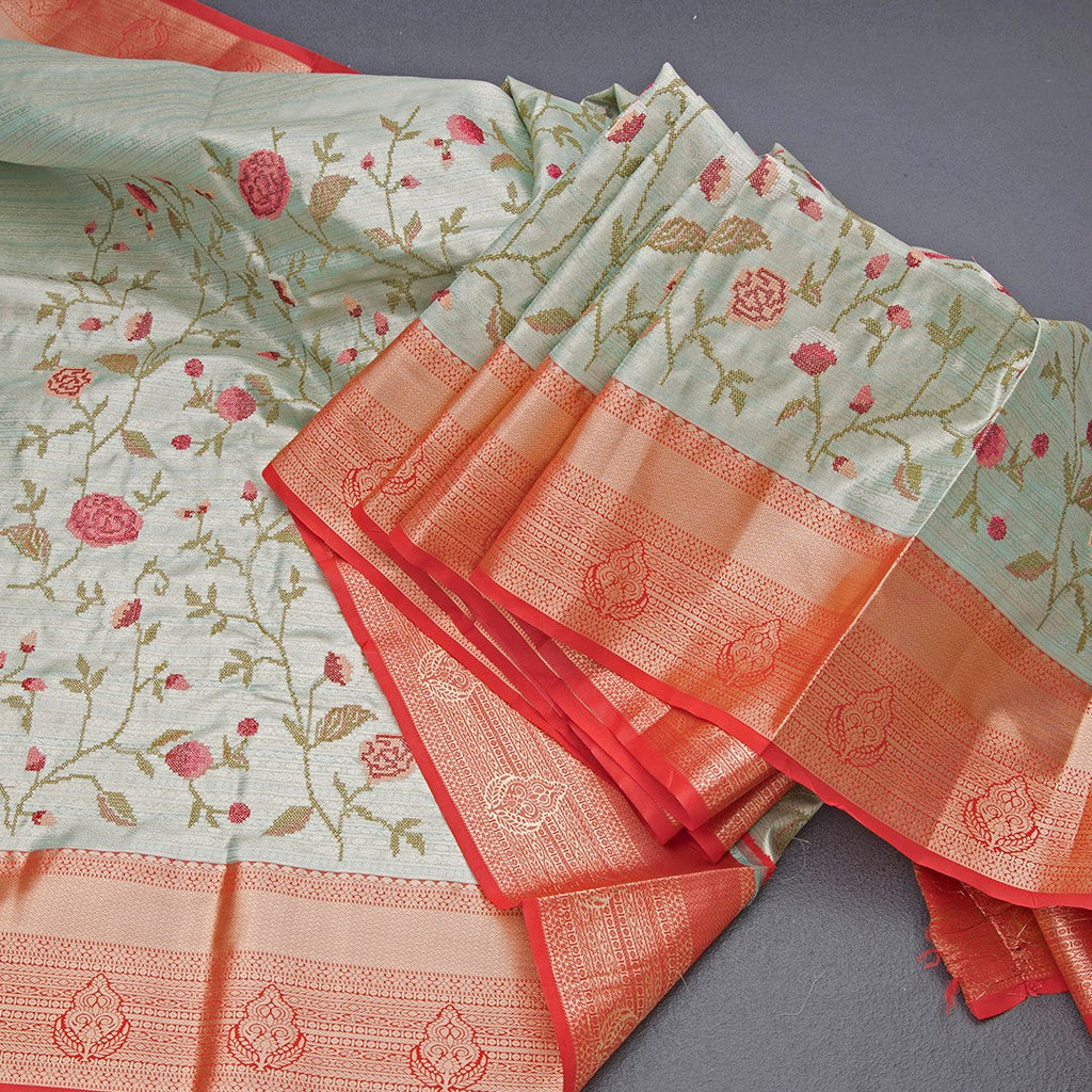 Fancy Silk Green Stylish Thread Work Saree With Zari Border