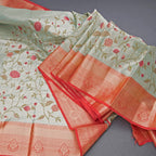 Fancy Silk Green Stylish Thread Work Saree With Zari Border