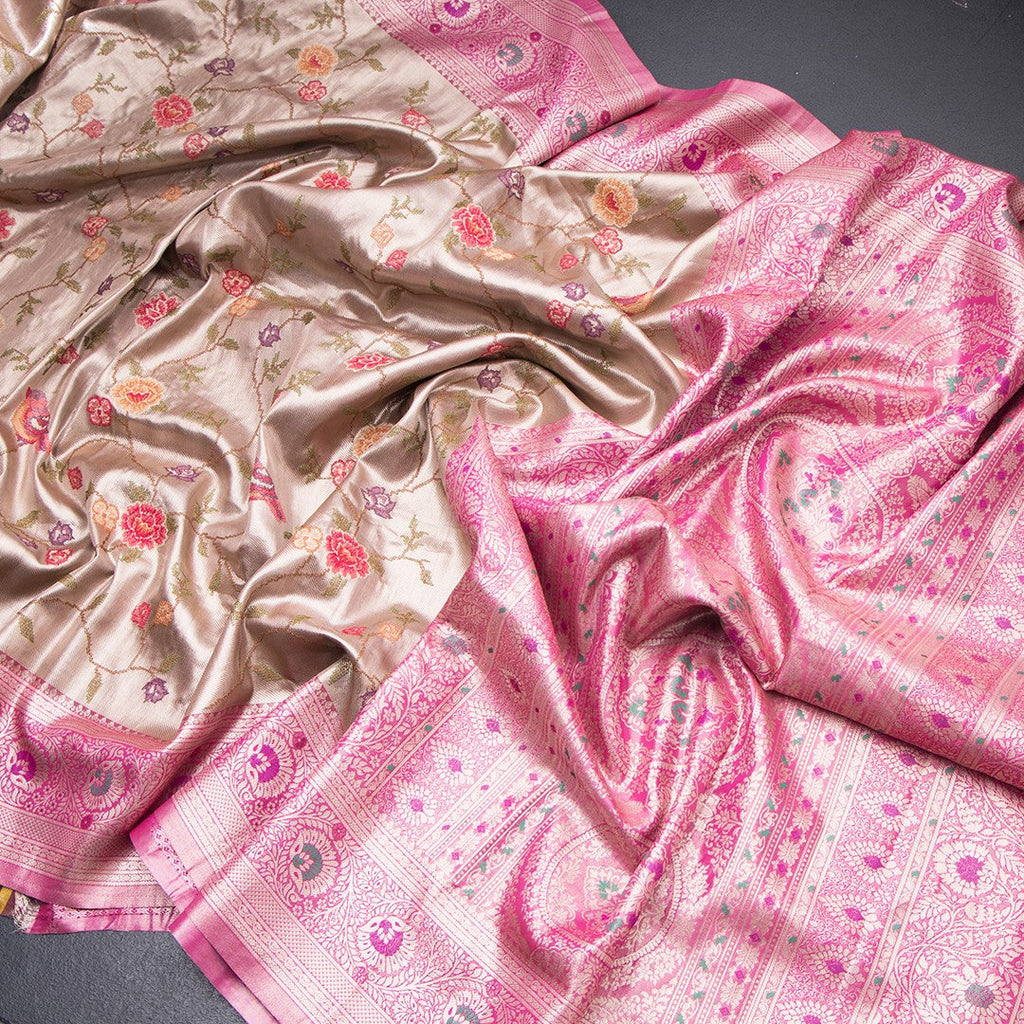 Fancy Silk Light Brown Stylish Thread Work Saree With Zari Border 02