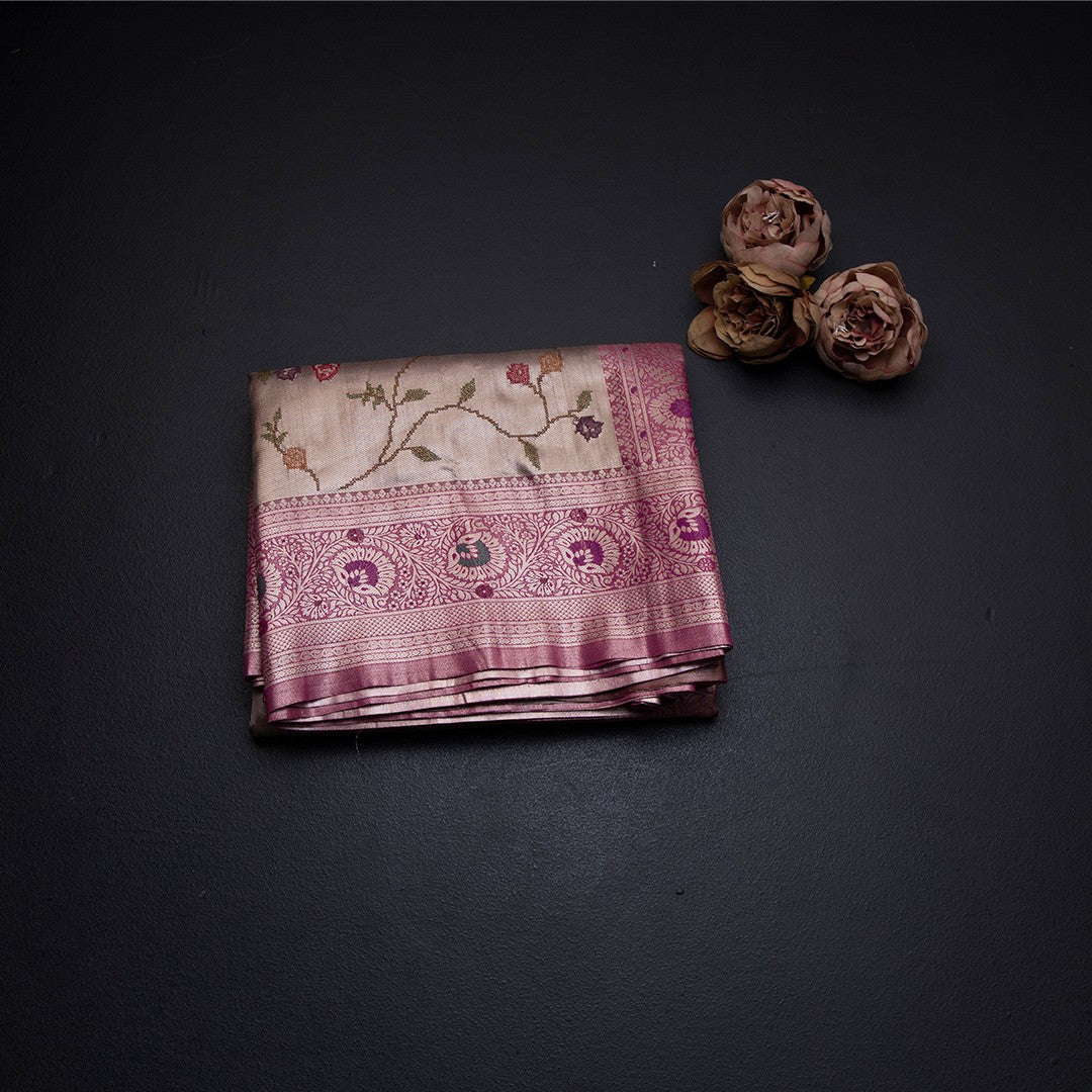Fancy Silk Light Brown Stylish Thread Work Saree With Zari Border 02