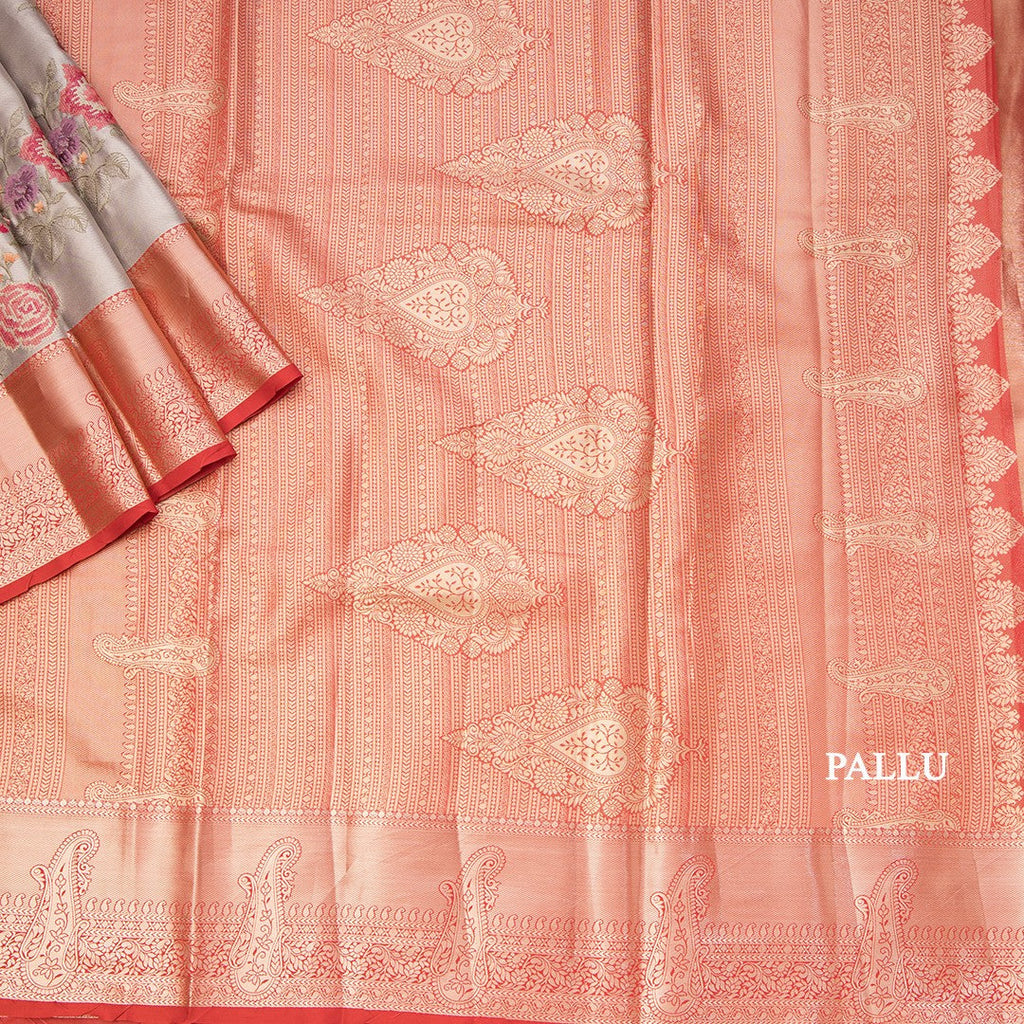 Fancy Silk Grey Stylish Thread Work Saree With Zari Border