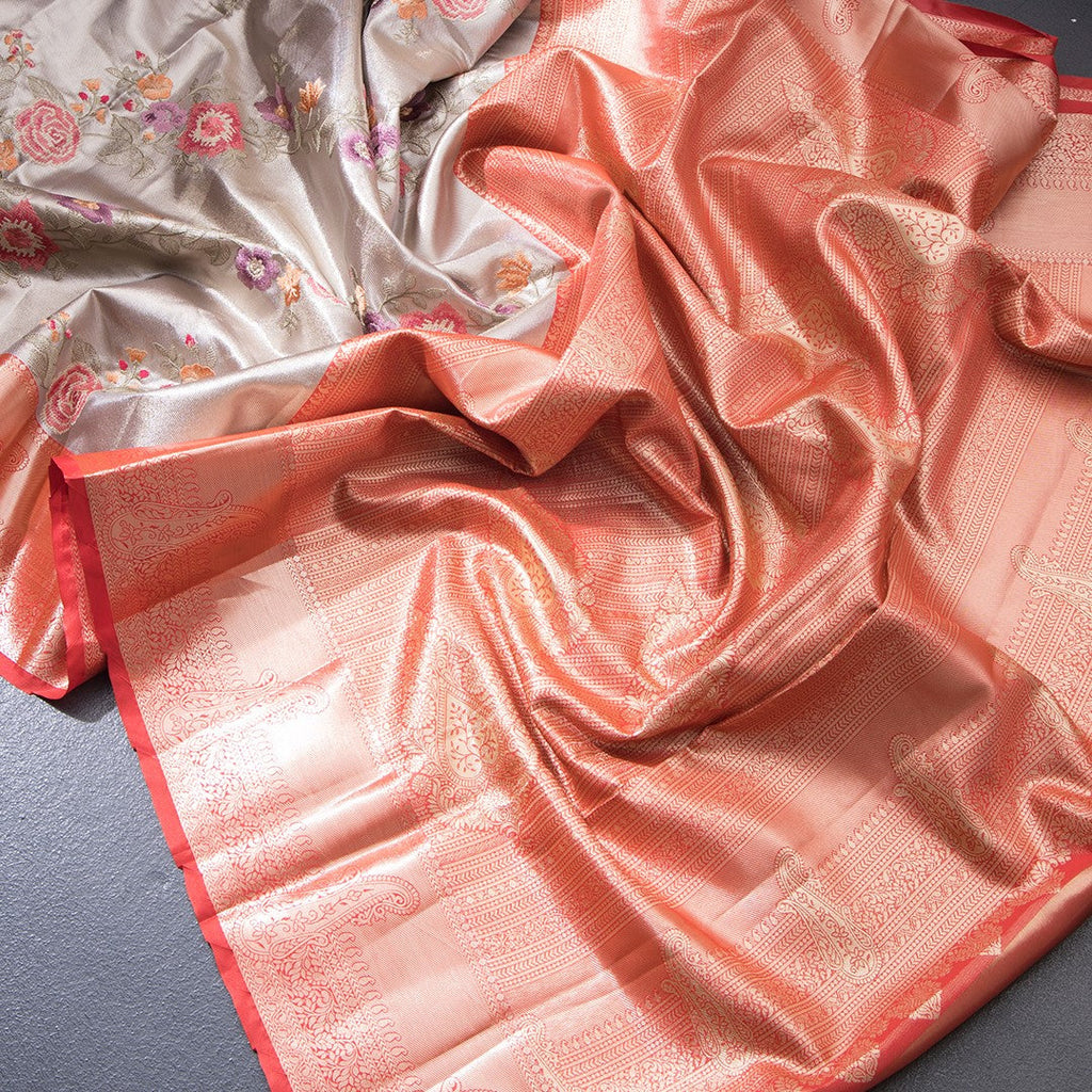 Fancy Silk Grey Stylish Thread Work Saree With Zari Border