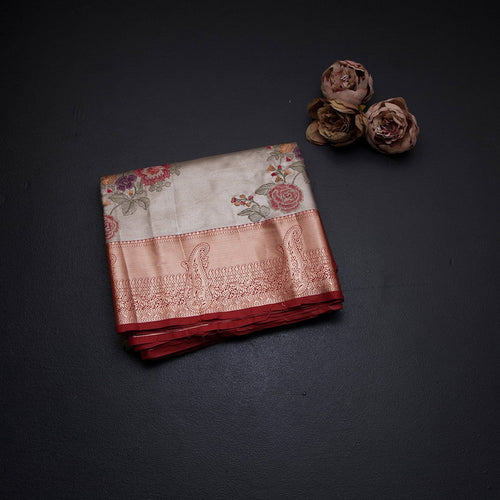 Fancy Silk Grey Stylish Thread Work Saree With Zari Border