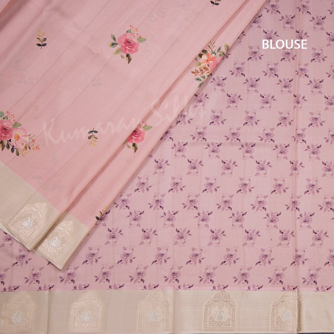 Satin Silk Light Peach Floral Printed Saree With Zari Border