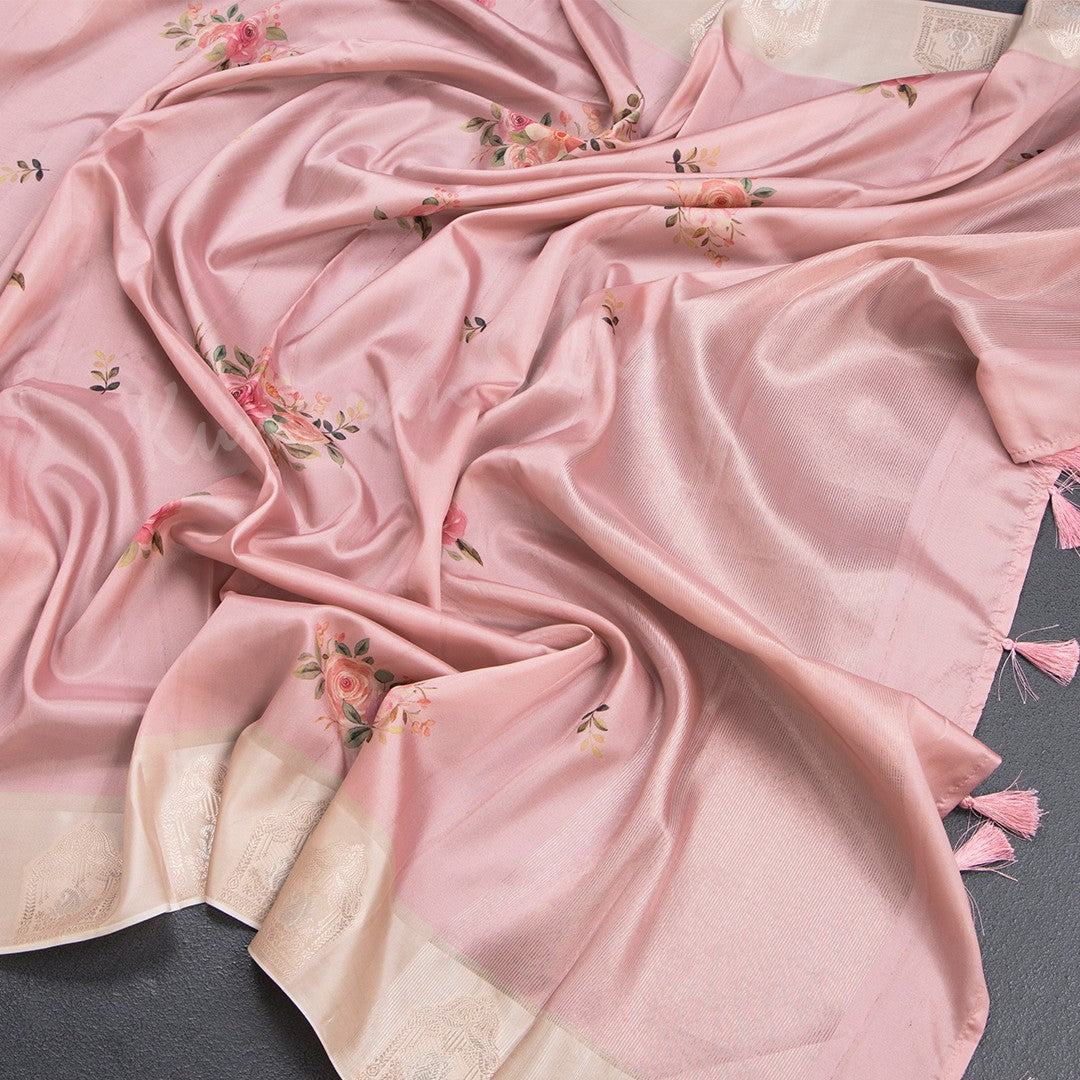 Satin Silk Light Peach Floral Printed Saree With Zari Border