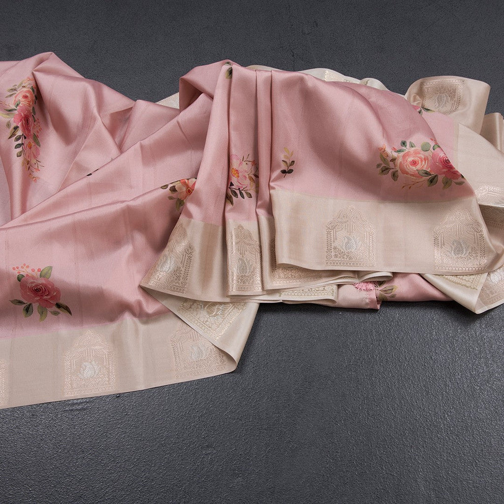 Satin Silk Light Peach Floral Printed Saree With Zari Border