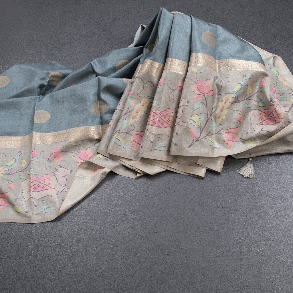 Tussar Sage Green Saree With Zari Buttas And Printed Border