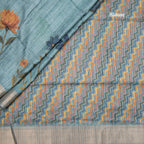 Tussar Teal Blue Floral Printed Saree With Zari Border