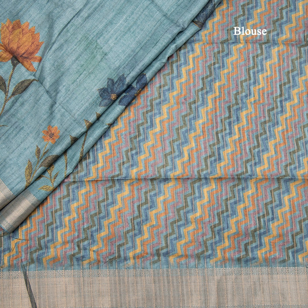 Tussar Teal Blue Floral Printed Saree With Zari Border