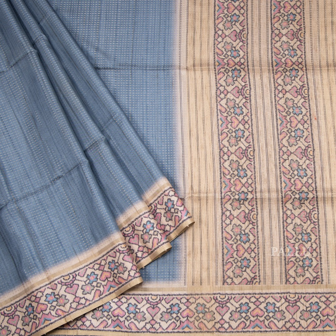 Tussar Greyish Blue Zari Worked Saree With Printed Border