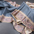 Tussar Greyish Blue Zari Worked Saree With Printed Border