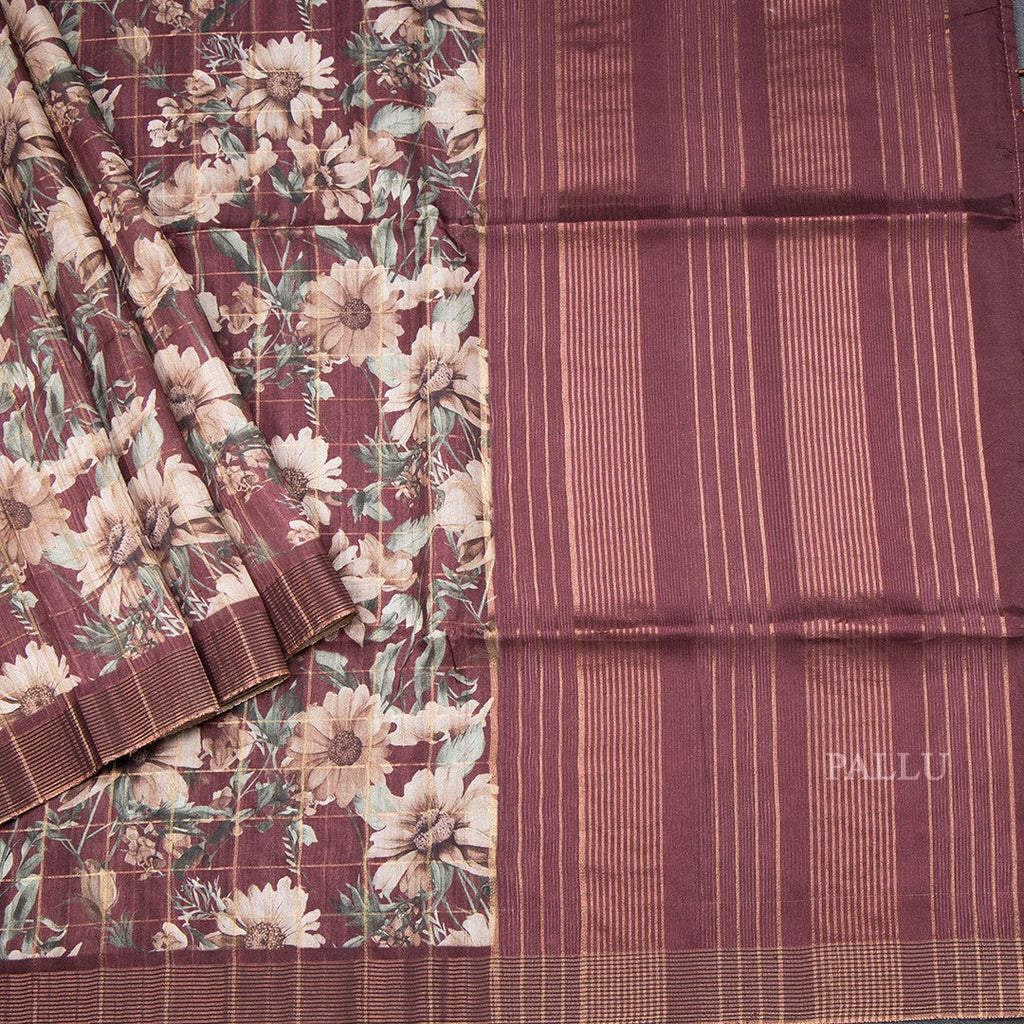 Tussar Dark Maroon Zari Checked Saree With Printed Work