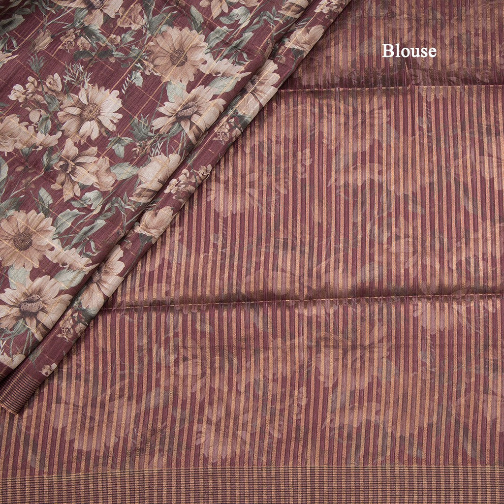 Tussar Dark Maroon Zari Checked Saree With Printed Work