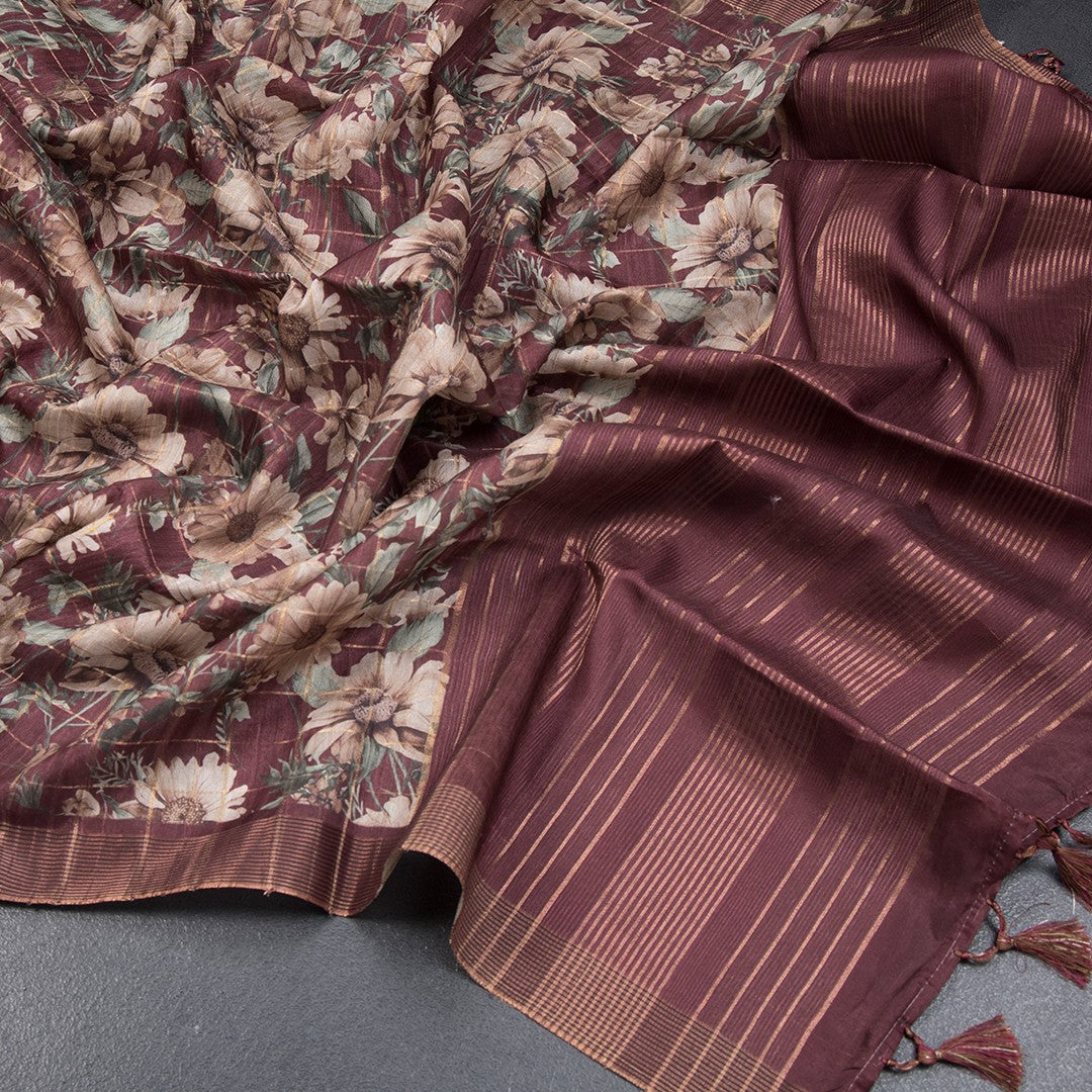Tussar Dark Maroon Zari Checked Saree With Printed Work