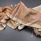Tussar Choclate Brown Zari Checked Saree With Printed Work
