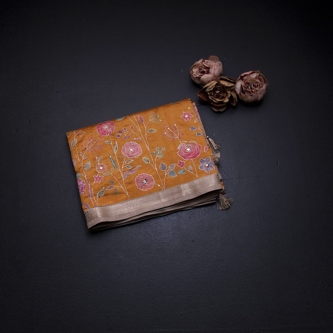 Katan Silk Mango Yellow Floral Printed Saree With Zari Border