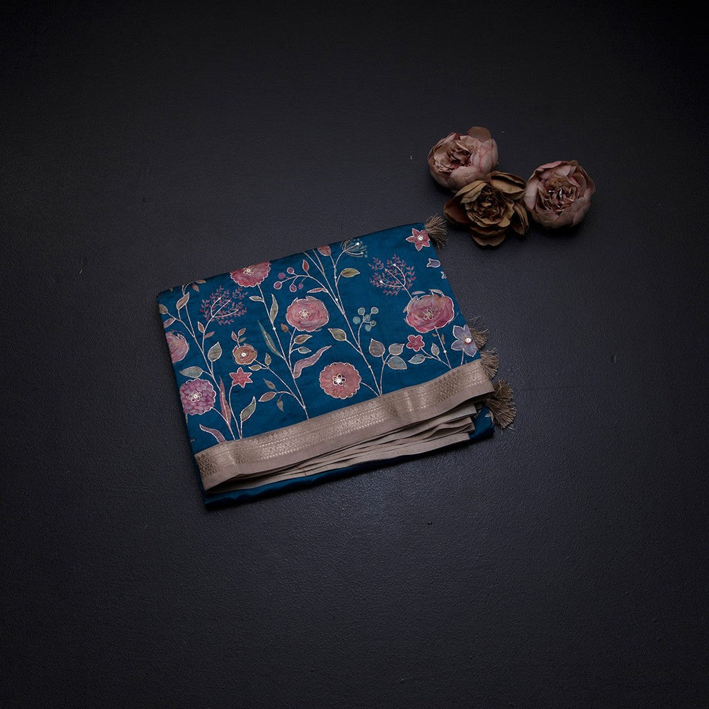 Katan Silk Peacock Blue Floral Printed Saree With Zari Border