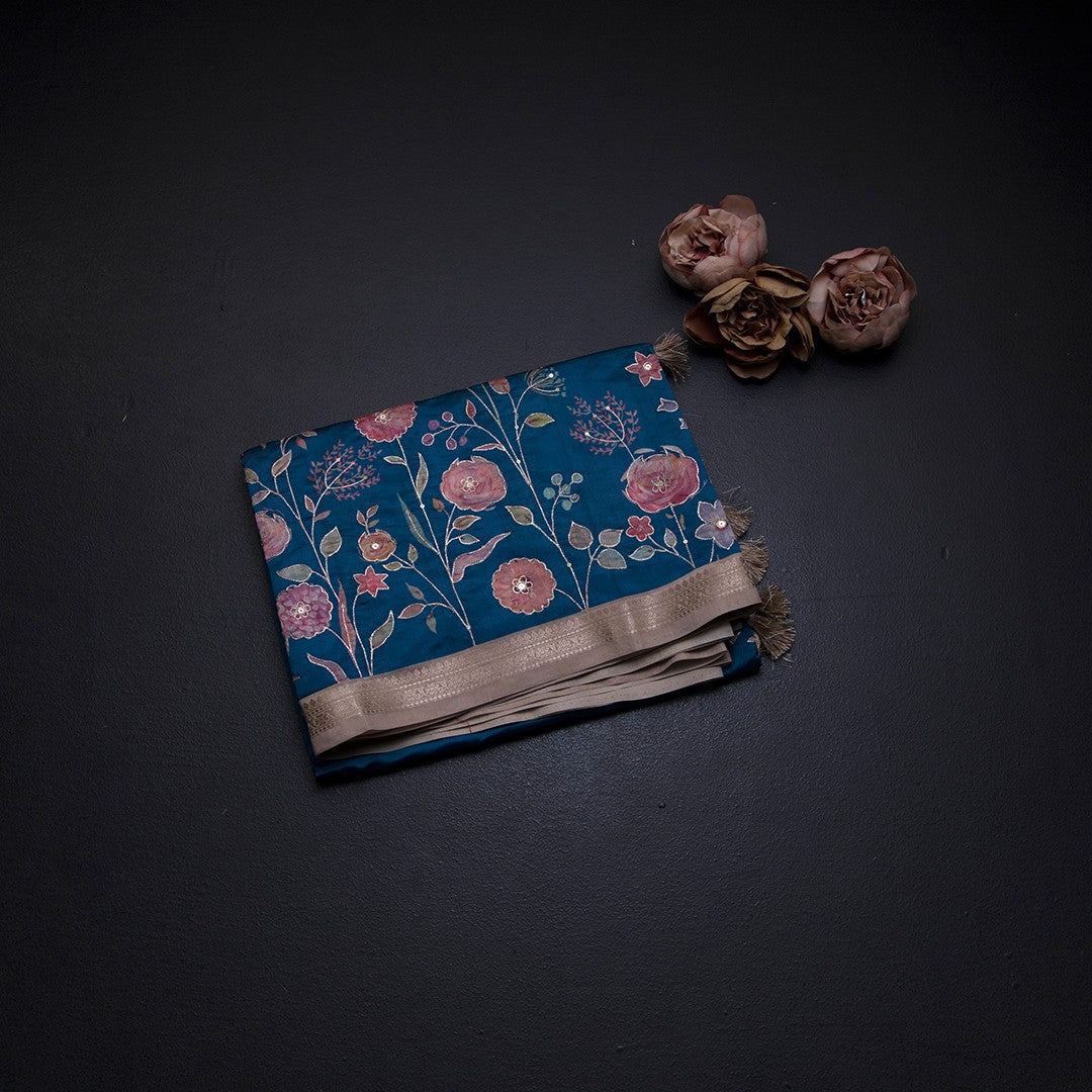 Katan Silk Peacock Blue Floral Printed Saree With Zari Border