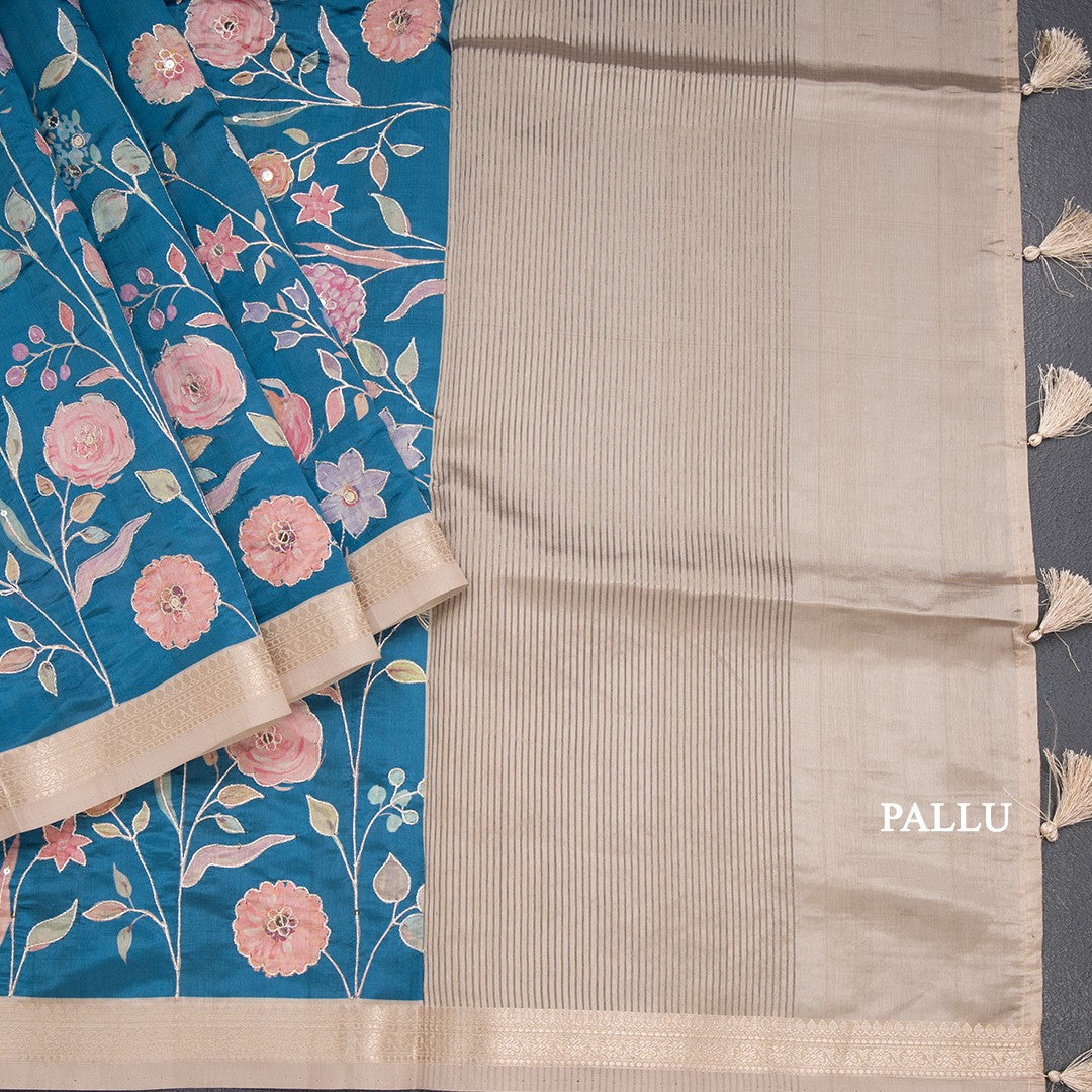Katan Silk Peacock Blue Floral Printed Saree With Zari Border