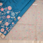 Katan Silk Peacock Blue Floral Printed Saree With Zari Border